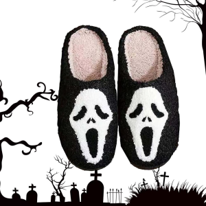 image 1, Halloween Ghost Face Fuzzy Black House Slippers, Black, Fluffy, Men, Women