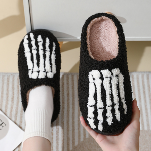 image 12, Halloween Horror Skeleton Feet Fuzzy Black House Slippers, Black, Fluffy, Unisex