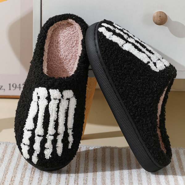 image 13, Halloween Horror Skeleton Feet Fuzzy Black House Slippers, Black, Fluffy, Unisex