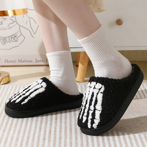 image 14, Halloween Horror Skeleton Feet Fuzzy Black House Slippers, Black, Fluffy, Unisex