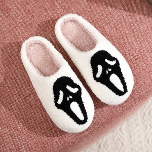 image 23, Fuzzy Halloween Ghost Face White House Slippers, Fluffy, Fuzzy, Unisex, White