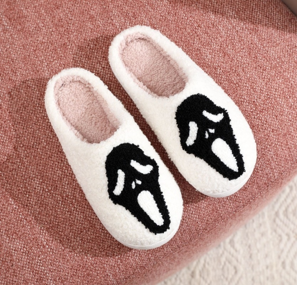 image 23, Fuzzy Halloween Ghost Face White House Slippers, Fluffy, Fuzzy, Unisex, White