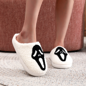 image 24, Fuzzy Halloween Ghost Face White House Slippers, Fluffy, Fuzzy, Unisex, White