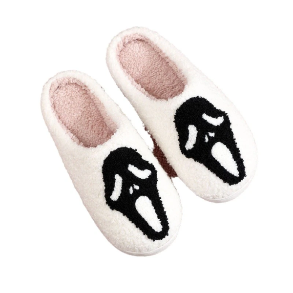 image 25, Fuzzy Halloween Ghost Face White House Slippers, Fluffy, Fuzzy, Unisex, White