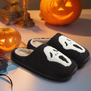 image, Halloween Ghost Face Fuzzy Black House Slippers, Black, Fluffy, Men, Women