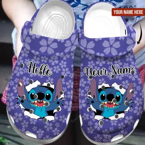 8a2d8f17b44da0ce0df3f20f2638f656 jpg, Customized Purple Crocs Hello Stitch Floral Clogs, Fun And Safe For Outdoor Walking, Purple