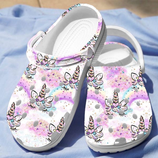 GAB2709102ch 4, Water-resistant And Lightweight Rainbow Unicorn White Crocs, Available Sizes For Kids And Adults, Adult, Kids, Water-Resistant, White