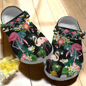 GAD1405101 ads4, Black Background Lightweight And Non-slip Tropical Flamingo In The Forest Crocs, Hi Summer Collection!, Black, Non-slip