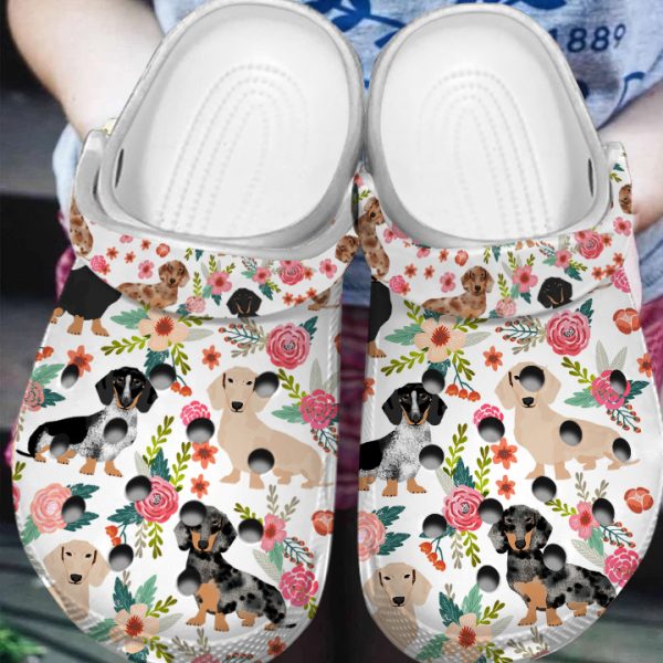 GAN0505101 ADS white 2, Breathable And Water-Resistant Dachshund Floral On The Light Blue Crocs, Order Now for a Special Discount!, Breathable, Light Blue, Water-Resistant