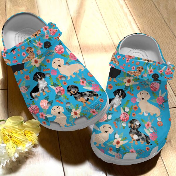 GAN0505101 ads blue 3, Breathable And Water-Resistant Dachshund Floral On The Light Blue Crocs, Order Now for a Special Discount!, Breathable, Light Blue, Water-Resistant