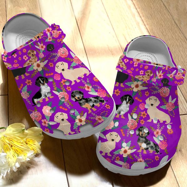 GAN0505101 ads purple 3, Breathable And Water-Resistant Dachshund Floral On The Light Blue Crocs, Order Now for a Special Discount!, Breathable, Light Blue, Water-Resistant