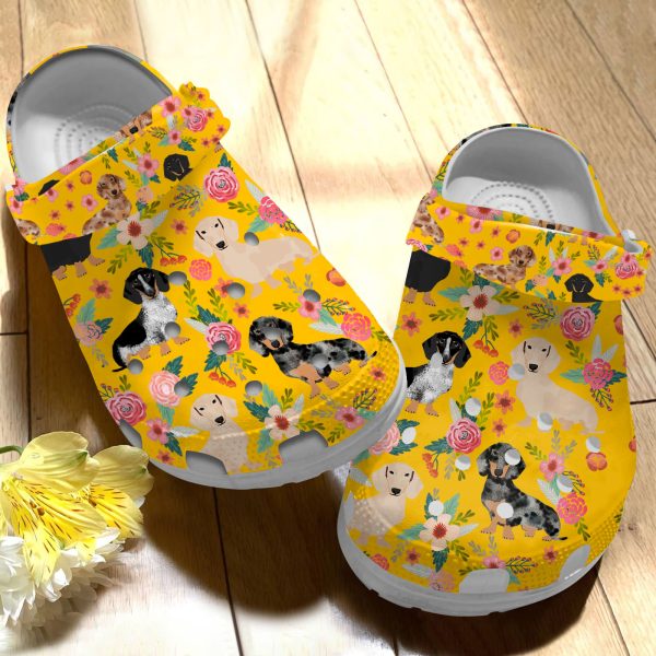 GAN0505101 ads yellow 3, Breathable And Water-Resistant Dachshund Floral On The Light Blue Crocs, Order Now for a Special Discount!, Breathable, Light Blue, Water-Resistant