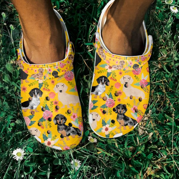 GAN0505101 ads yellow 4, Breathable And Water-Resistant Dachshund Floral On The Light Blue Crocs, Order Now for a Special Discount!, Breathable, Light Blue, Water-Resistant