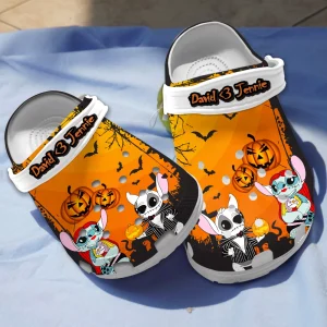 GAP2007301 MOCKUP 02 jpg, Personalized Halloween Couple Jack And Sally Stitch Cosplay Crocs, Fuzzy Lightweight Orange Clogs Shoes, Fuzzy, Orange, Personalized