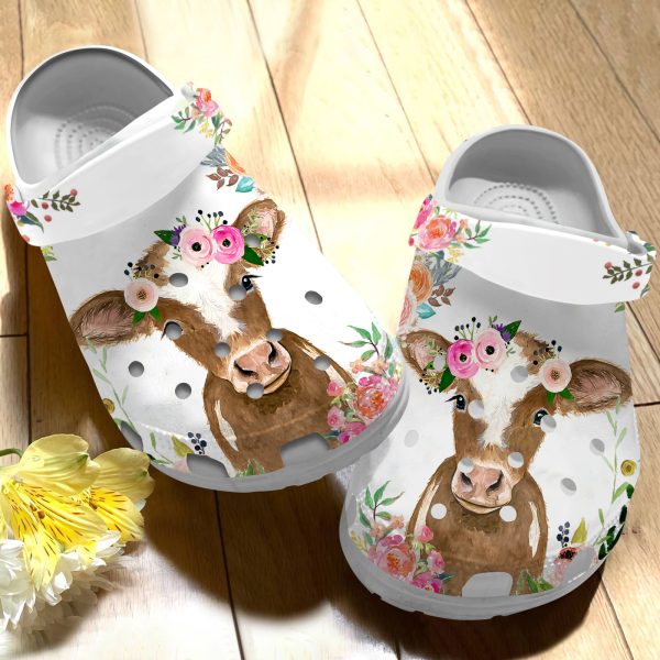 GAT0806102ch ads 3, Cute Baby Cattle With Colorful Flower Crown On Head Crocs, Cute