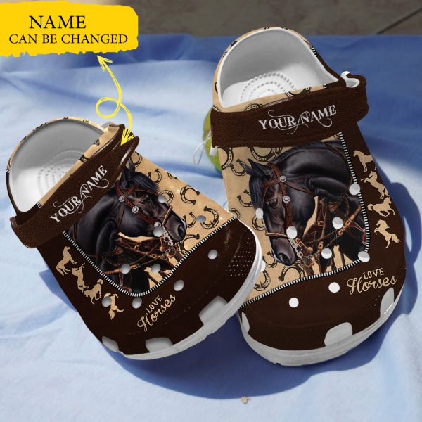 GAU1502218custom ads 2, Personalized And Love Black Horse Crocs, Fast Delivery Worldwide, Black, Personalized
