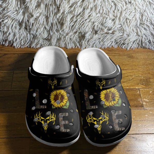 GAU2112114ch ads 6, Adult Unisex And Classic, Love Hunting With Sun Flower On The Back Wide-side Crocs, Fast Shipping!, Adult, Black, Classic, Unisex, Wide-side