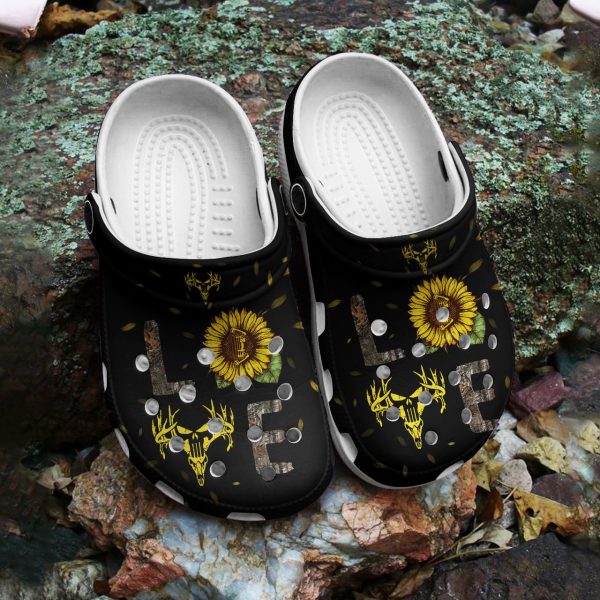 GAU2112114ch ads 7, Adult Unisex And Classic, Love Hunting With Sun Flower On The Back Wide-side Crocs, Fast Shipping!, Adult, Black, Classic, Unisex, Wide-side