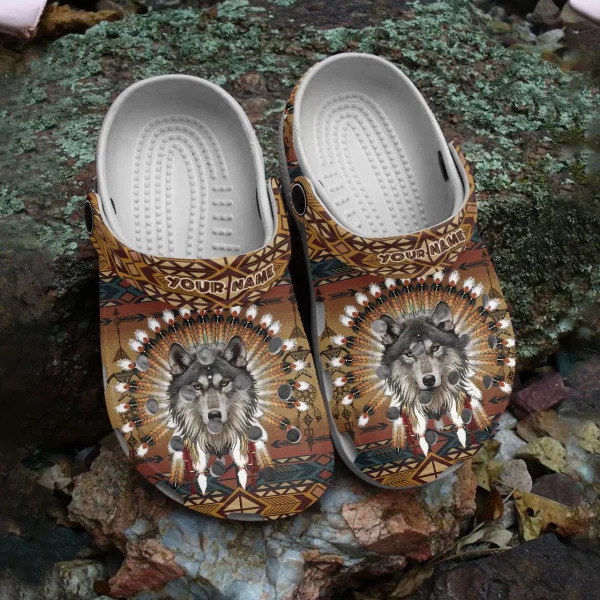 GCS2407301Custom 1 jpg, Personalized Wolf Native American Brown Crocs, Experience Great Comfort With Our Crocs!, Brown, Personalized