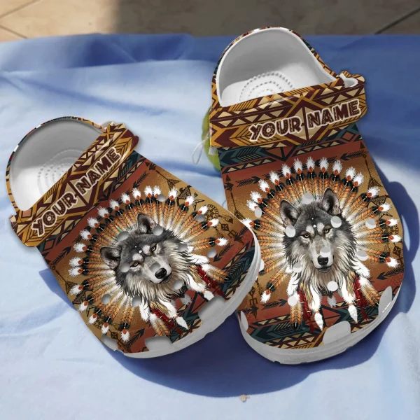 GCS2407301Custom 2 jpg, Personalized Wolf Native American Brown Crocs, Experience Great Comfort With Our Crocs!, Brown, Personalized