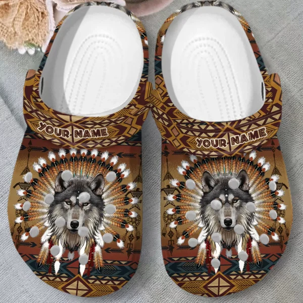 GCS2407301Custom 3 jpg, Personalized Wolf Native American Brown Crocs, Experience Great Comfort With Our Crocs!, Brown, Personalized