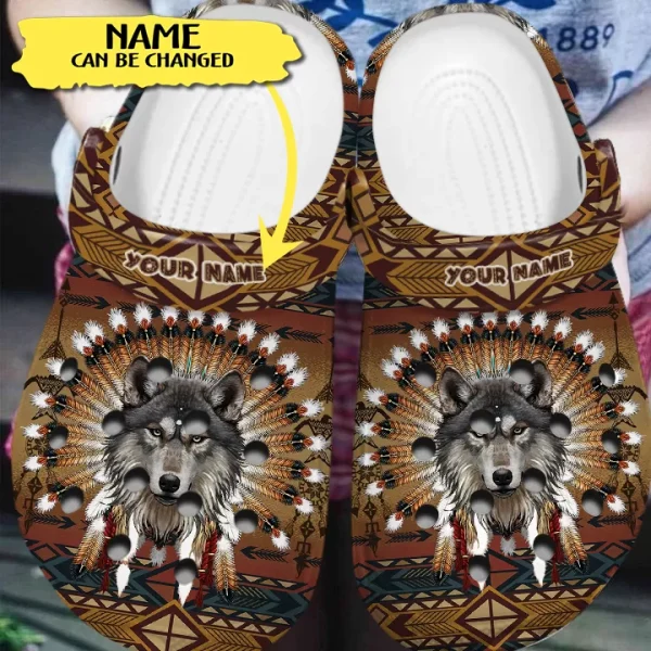 GCS2407301Custom add jpg, Personalized Wolf Native American Brown Crocs, Experience Great Comfort With Our Crocs!, Brown, Personalized