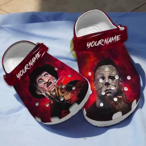 GFP1808302 mockup 01 600×600 1, Personalized Unisex Michael Myers And Freddy Krueger Red Crocs, Perfect For Halloween Party!, Personalized, Red, Unisex