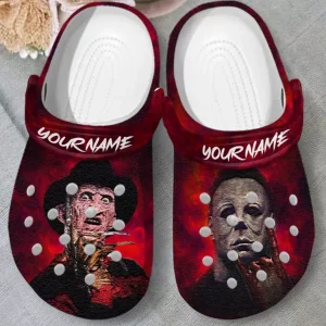 GFP1808302-mockup-02-600×600-1.webp, Personalized Unisex Michael Myers And Freddy Krueger Red Crocs, Perfect For Halloween Party!, Personalized, Red, Unisex