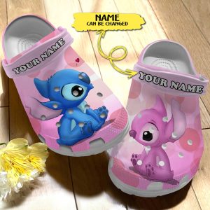 GIB2908201 1, Customized Disney Stitch And Angel Pink Crocs, Perfect Gift Ideas For Couples, Pink