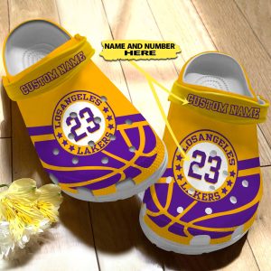 GMB1305203custom 2, Customized Breathable And Durable Lakers Uniform On The Yellow Crocs, Fast Shipping!, Breathable, Customized, Durable, Yellow