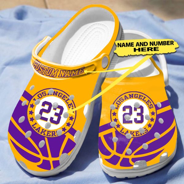 GMB1305203custom 7, Customized Breathable And Durable Lakers Uniform On The Yellow Crocs, Fast Shipping!, Breathable, Customized, Durable, Yellow