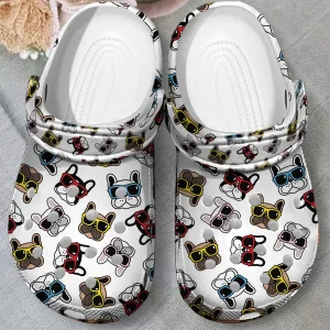 GSD1108205 ads jpg, New Design Non-slip And Breathable, Cute French Bulldog Wearing Colorful Glasses Pattern Crocs, Fun And Safe For Outdoor Play!, Breathable, New Design, Non-slip
