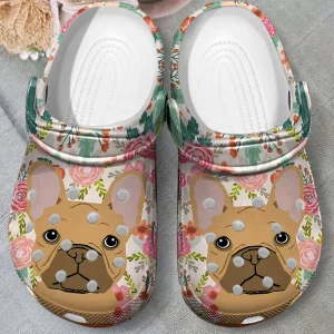 GSD1108208 ads jpg, Adult Unisex Water-Resistant And Safety Cute Brown French Bulldog Floral Pattern Crocs, Order Now for a Special Discount!, Adult, Safety, Unisex, Water-Resistant