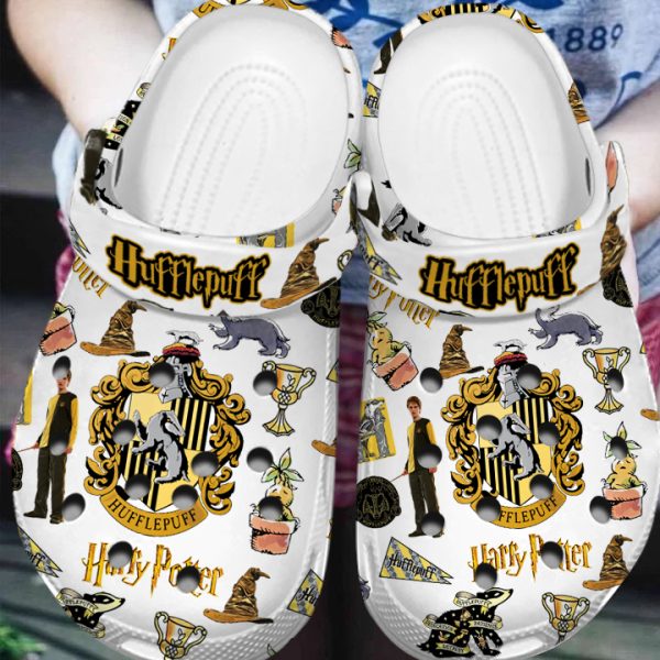 GSU2608316 mockup 3, Exclusive Water-resistant Hufflepuff House Harry Potter White Crocs, Water-Resistant, White