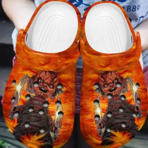 GSU2706304 mockup 3 600×600 1, Adult’s Water-Resistant Horror Movie Character Chucky Orange Crocs, Perfect For Outdoor Activity, Adult, Orange, Water-Resistant