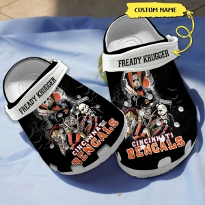 GZD0408304custom mockup 1 jpg, Special Design Breathable And Water-Resistant Scary Characters & Cincinnati Bengals With Custom Name Change On The Black Crocs, Fast Shipping!, Black, Breathable, Special, Water-Resistant