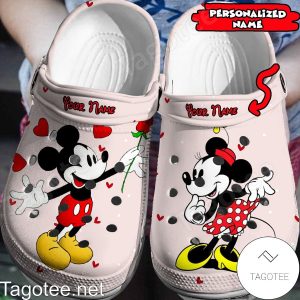 Personalized Mickey Mouse Give Roses Minnie Mouse Crocs Clogs, Personalized Sweet Mickey Mouse Clogs Unisex Pink Crocs, Personalized, Pink, Unisex