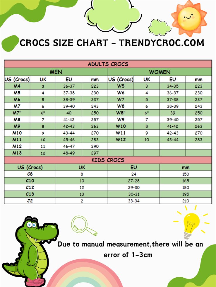 Size Chart Trendycroc.com, Comfortable And Stylish Highland Cows Retro Crocs, Size 9, Perfect Gift For animal Lovers, Comfortable, Size 9, Stylish