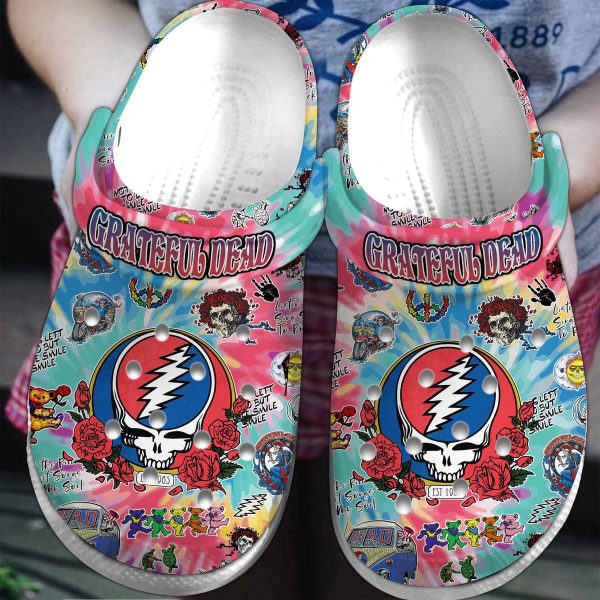 image 118 1 2, Durable And Breathable Grateful Dead Music Band Pink And Blue Tie Dye Pattern Crocs, Quick Delivery Available!, Blue, Breathable, Durable, Pink