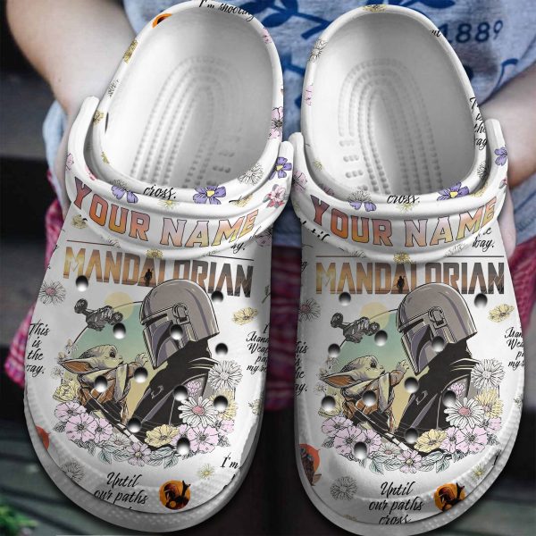 image 369, Star Wars Mandalorian & Baby Yoda Floral White Crocs, Movie Characters Crocs For Men And Women, Easy To Clean, Men, Women