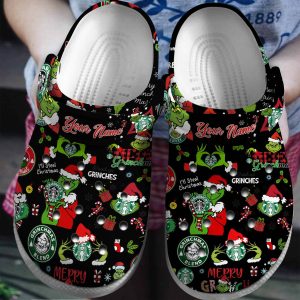 image 391, Personalized Grinch And Starbucks Coffee Christmas Black Crocs, Durable Crocs For Adult, Adult, Black, Personalized