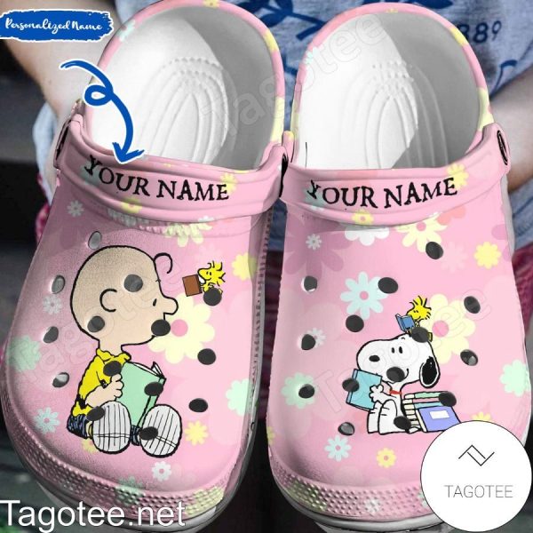image 46 87, Personalized Sweet Pink Charlie Brown And Snoopy Reading Books Unisex Lightweight Crocs, Personalized, Pink, Unisex