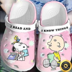 image 46 91, Snoopy And Charlie Brown Peanuts I Read And I Know Things Soft Pink Crocs, Pink, Soft