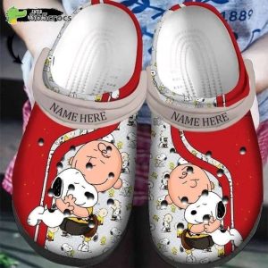 image 46 92, Personalized Snoopy Dog And Charlie Brown Red Crocs, Fast Shipping Is Available, Personalized, Red