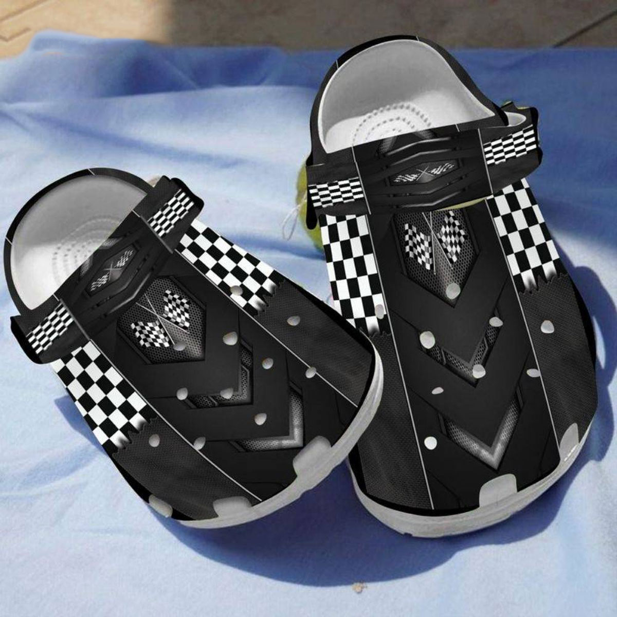 adult unisex and breathable checkered flag on the black crocs order now for a special discount zmzom