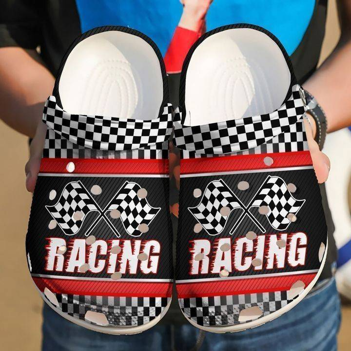 breathable and durable racing checkered flag crocs quick delivery available 3r8m6