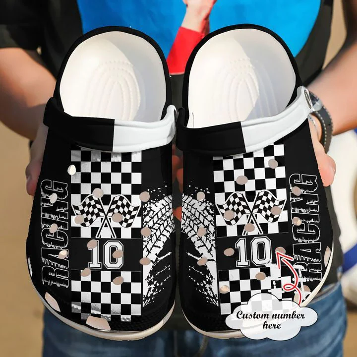 for fans durable water resistant and customized checkered flag on the black crocs fast shipping a5cis
