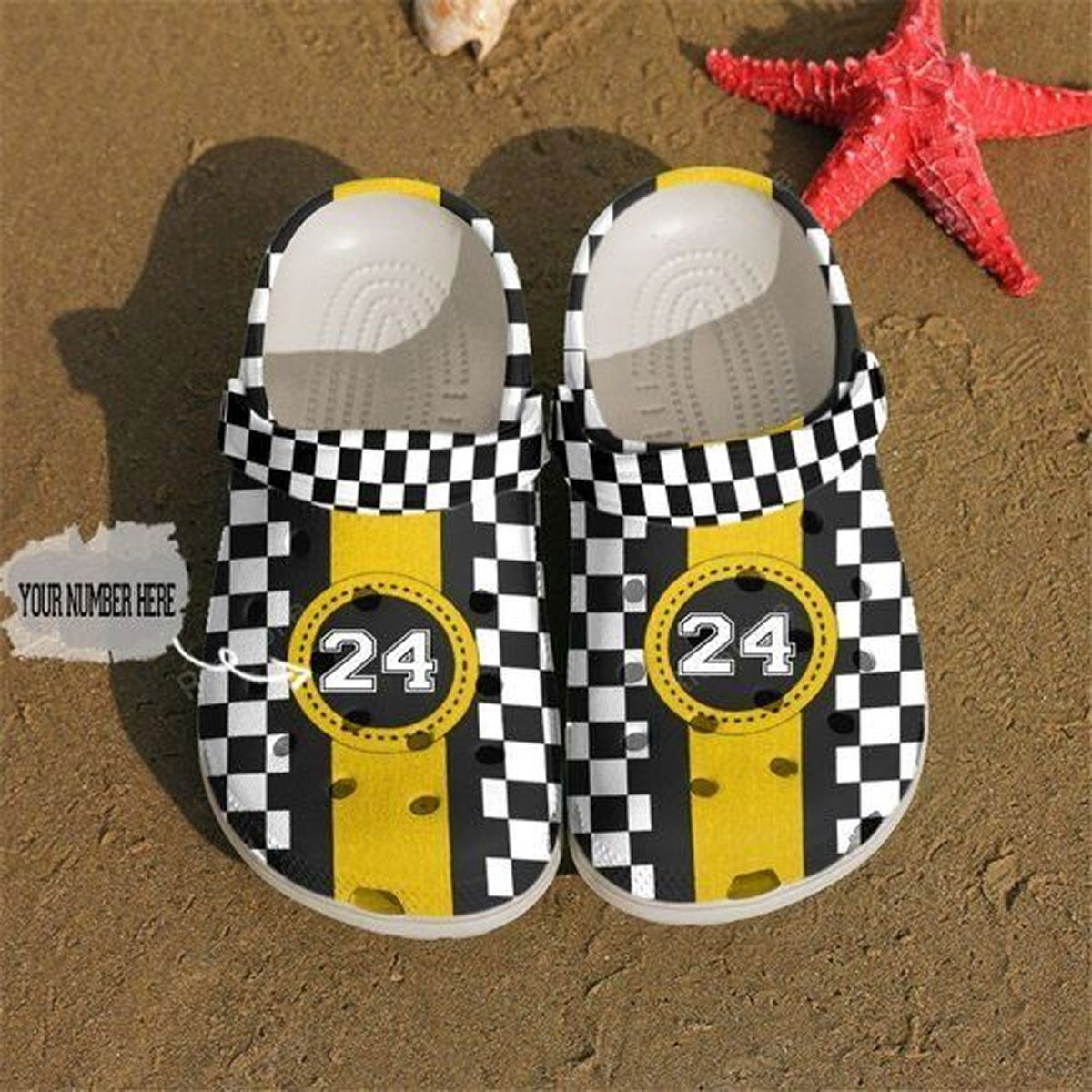 lightweight non slip and customized checkered flag with yellow crocs easy to clean nhixd