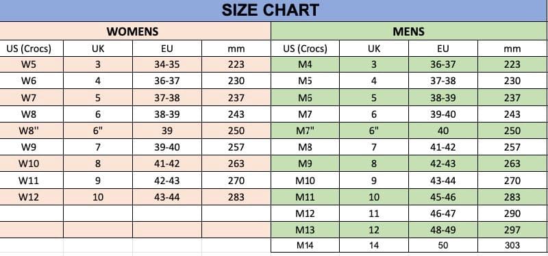 Size chart for adults Trendycroc.com
